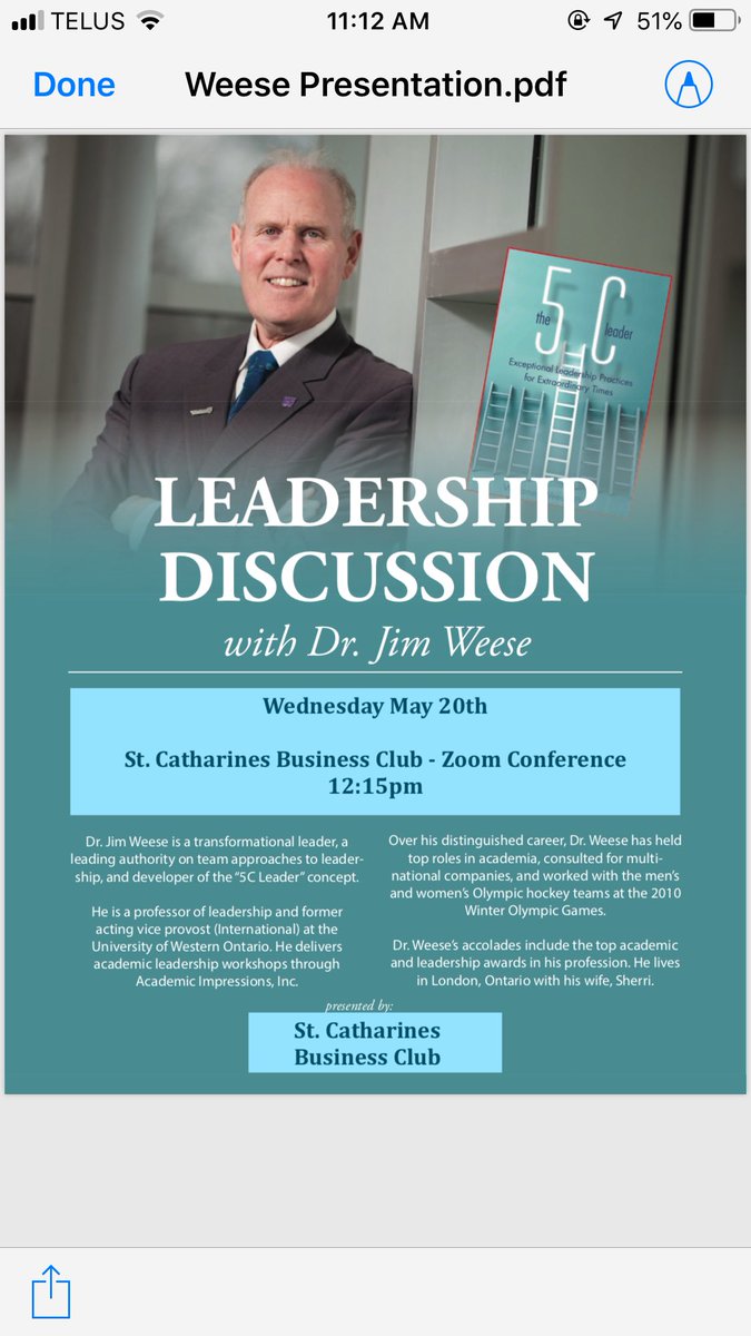 DrWeese's tweet photo. Great to be back on the Speaker’s Circuit - even in “Zoom mode”. Thanks to the St. Catharines Business Leaders organization for their interest and warm welcome. #5cleader https://t.co/W1ZFU7MHsN
