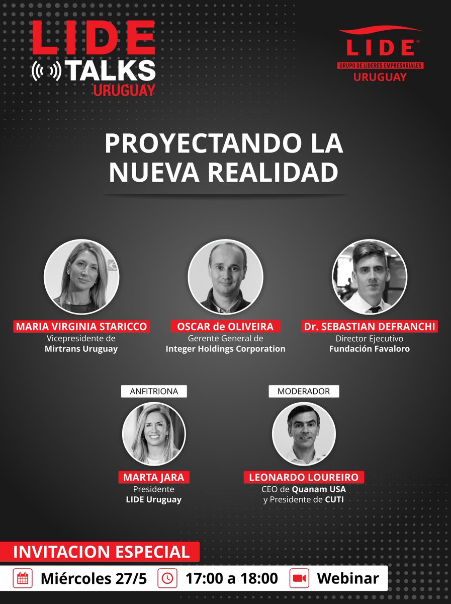 HRCconsultora's tweet photo. 📌 El miércoles 27 de mayo LIDE Uruguay dará inicio formal a sus actividades. En esta oportunidad, será con su primera edición del ciclo virtual #LIDETalks.
👉 FECHA | 27 de mayo de 2020
👉 HORA | 17 a 18hs
👉 TEMA | “Proyectando la nueva realidad”
#LIDETalks #LIDEUruguay https://t.co/yAp2wjTUZS