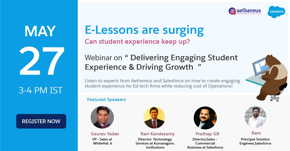 AethereusSF's tweet photo. #Aethereus is thrilled to partner with #Salesforce to present a webinar on 'Reimagine #Student Engagement in Post-Covid world'. Session to listen to industry leaders on Student Exp for Post-Covid world

https://t.co/yRqimjSWMc  

#sfdc  #edtech #educationtechnology
#eLearning https://t.co/M3ZQmRM77v