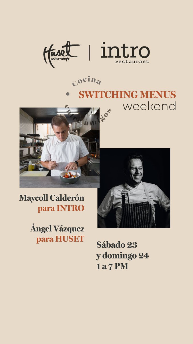 Cocina entre amigos, un delicioso menú que intercambia las creaciones de los chefs Maycoll Calderón (<a href="/HusetRoma/">Huset</a>) y Angel Vázquez (Intro) para que disfrtues en casa: