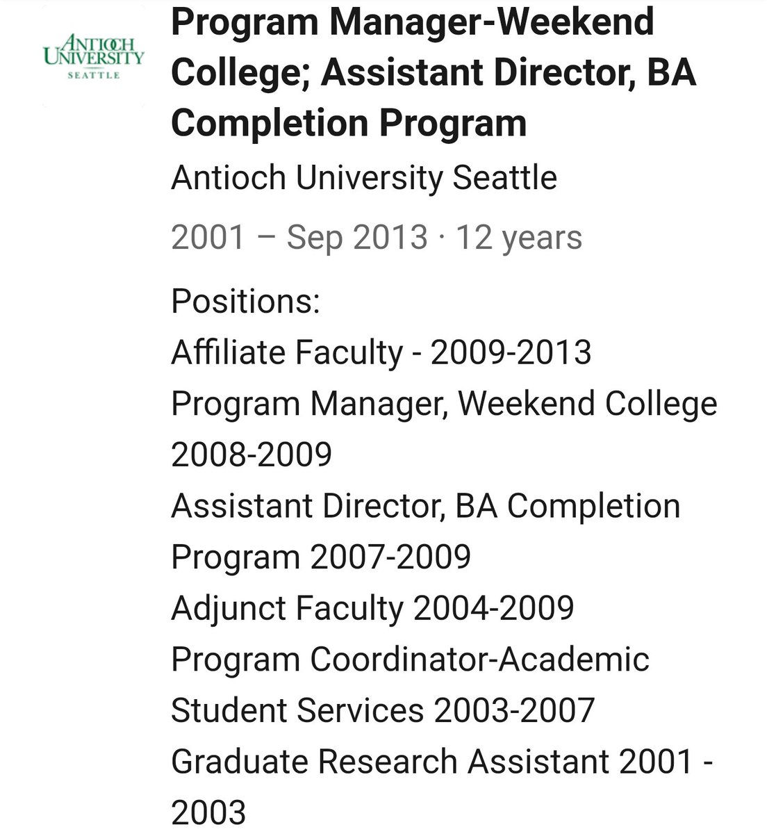 SCOOP: It should be noted a family friend of Tara Reade's--Carson Marshall--worked at Antioch University while Tara attended.Carson went on to become Assistant Director of the "BA Completion Program" from 2007-09. /1h/t  @thankful4bidencc  @lisaler  @natashakorecki  @wokyleeks