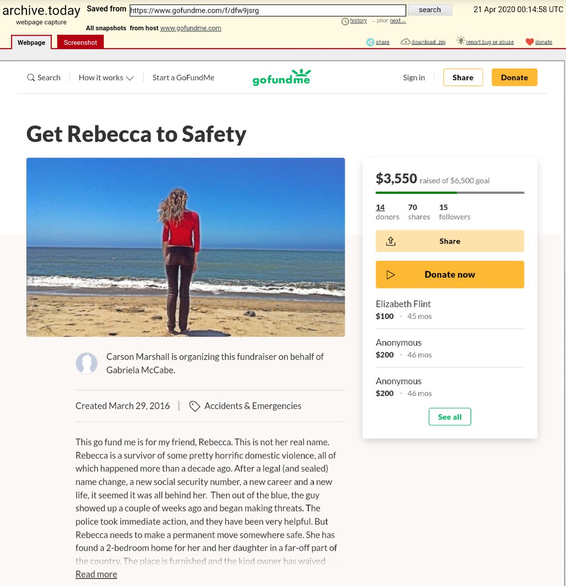 Marshall organized the "Get Rebecca to Safety" GoFundMe campaign on 3/29/16 on behalf of Tara's daughter that raised $3,550 to help Rebecca ("not her real name"), "a survivor of some pretty horrific domestic violence" from over "a decade ago."Many believe "Rebecca" is Tara. /3