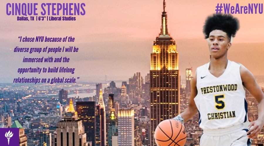 nyumenshoops's tweet photo. From the Big D 🤠 to the Big 🍎, next up in our introduction series is 6'3" guard Cinqué Stephens (Prestonwood Christian/Wilbraham &amp; Monson). Welcome officially to the #WeAreNYU family! #HTAT @cinque_stephens https://t.co/viOMHljXxo