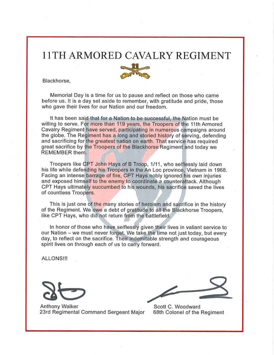 2020 Memorial Day Letter from the Blackhorse Command Team.