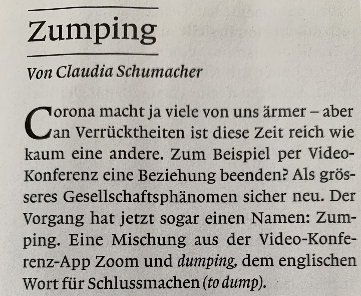 natasja_sommer's tweet photo. ‚Sorry, die Verbindung bricht‘ dieser Im Video-Chat oft so dahingesagte Satz hat während #Corona eine neue Bedeutung erhalten. ‚Zumping oder eine Beziehung per Video-Konferenz beenden‘ @diaschumacher @Weltwoche #zumping https://t.co/d2XGOL0hT5