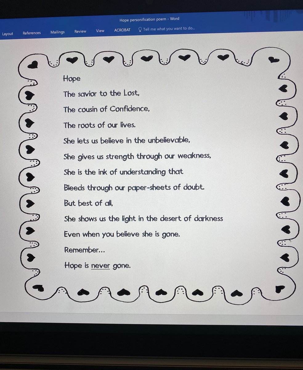 Some Friday inspiration...my Ss personified qualities this week. Here is L's "Hope" poem-
"She is the ink of understanding that bleeds through our paper-sheets of doubt" 💜 #KeepHopeAlive #whyIteach #NCTEvillage #ELAchat #engchat #2ndaryELA