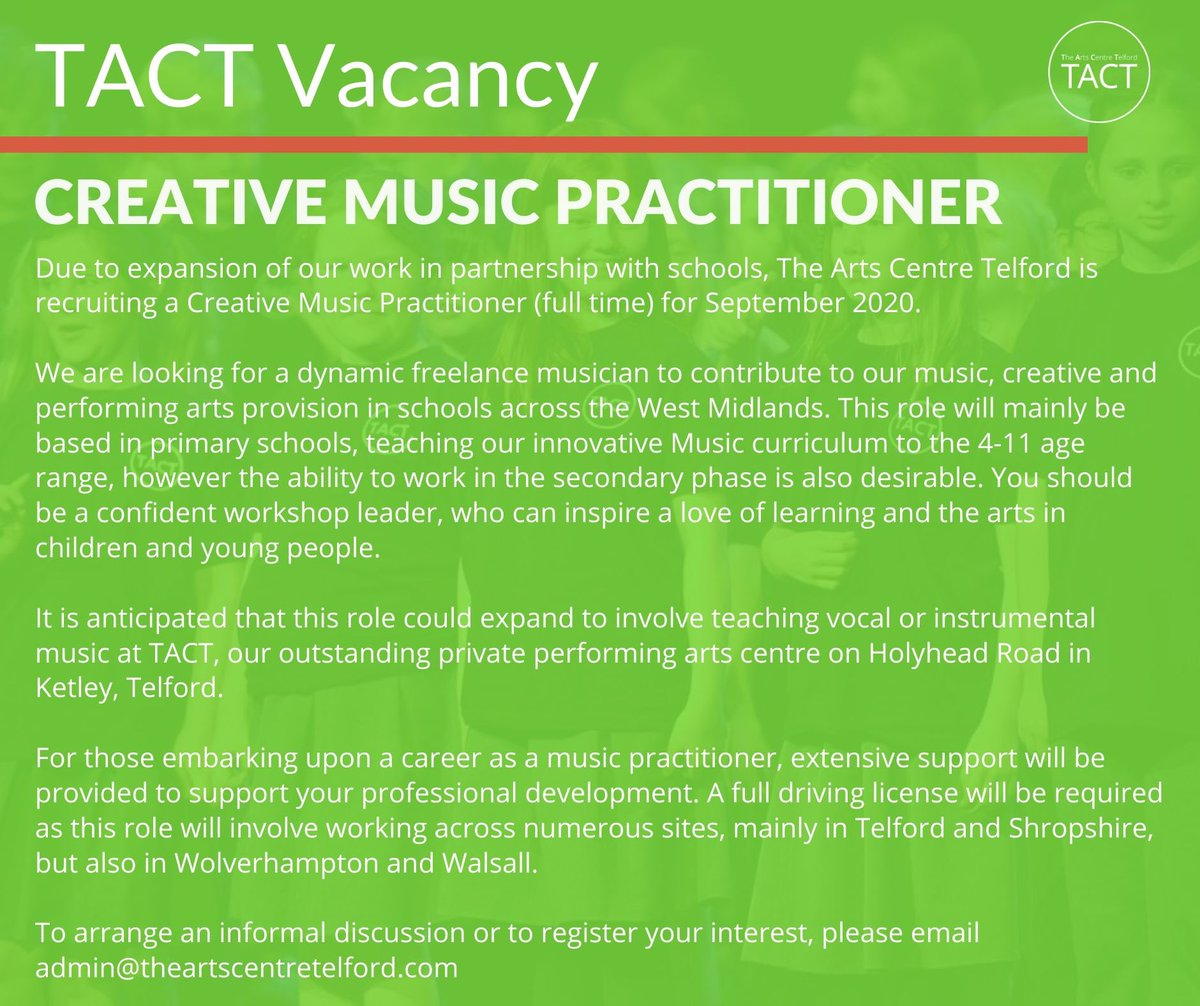 TheArtsCentreTe's tweet photo. TACT Vacancy:
We are looking for a dynamic freelance musician to contribute to our music, creative and performing arts provision in schools.

More information is provided below or you can email us on admin@theartscentretelford.com

#edutwitter #ukedchat #music #performingarts https://t.co/DWs4E6Et7V