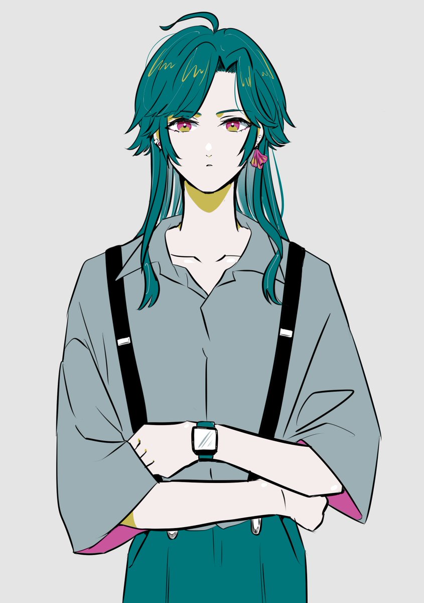 solo watch green hair 1boy suspenders male focus jewelry  illustration images