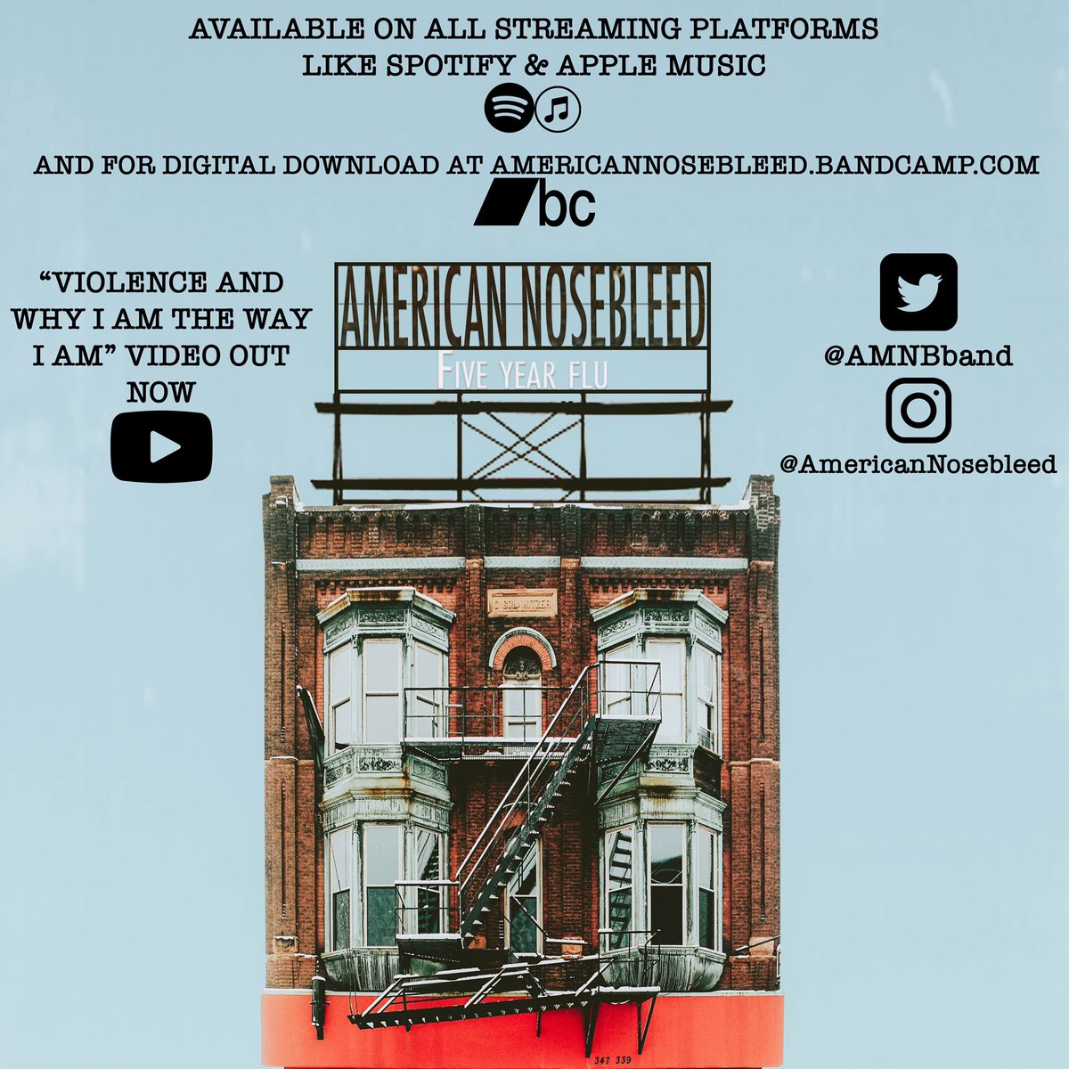 AMNBband's tweet photo. It’s “Five Year Flu” day. Available everywhere. || Mixed and Engineered by the great @JayZubricky . Mastered by the master @JesseCannon . Artwork by the fanciful @Jeffislive . https://t.co/qGeGVI4cXf