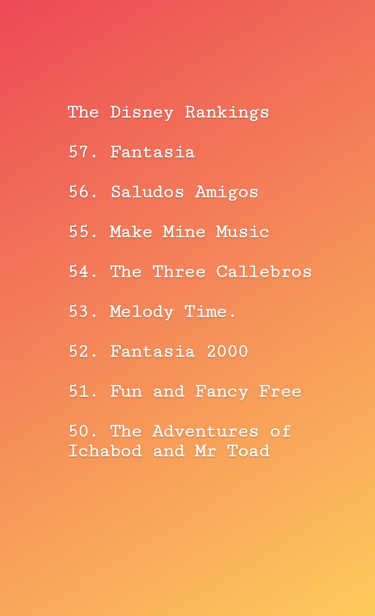 shliiing's tweet photo. Over on my insta I spent weeks watching all the Disney films and then at the end I ranked them all. Luckily no one has disputed me (because no one cares) so here is my ultimate Disney ranking which is totally correct and infallible. https://t.co/9hH5eAUKFa