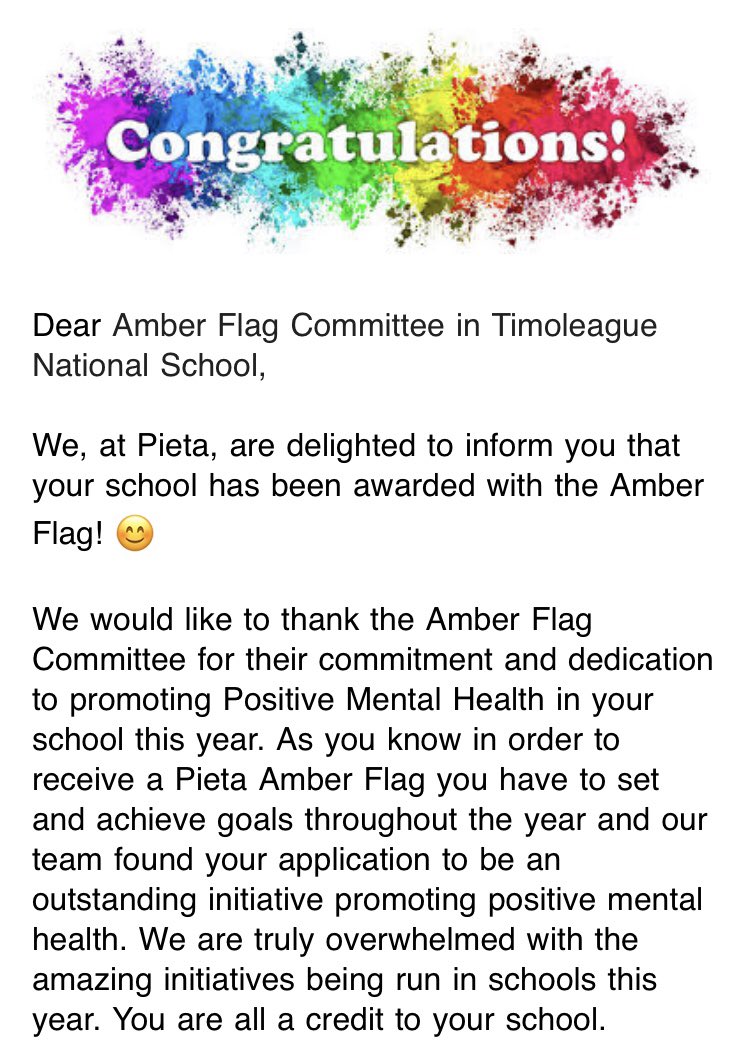 TimoleagueNS's tweet photo. Amazingly proud that we have been awarded the @PietaHouse #amberflag for promoting positive mental health for the 3rd year. https://t.co/6xUi4y9ENv