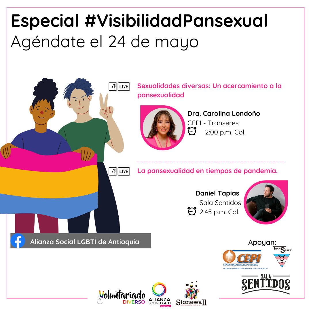 AlianzaLGBTI's tweet photo. Este próximo 24 de Mayo #DíadelaVisibilidadPansexual te invitamos a que te conectes con nosotres, aprendas, preguntes y transformemos imaginarios que tengamos frente al tema. 

Nos vemos el domingo a partir de las 2:00 p.m. por https://t.co/3Y8svirWeg https://t.co/mYYINIRjQb