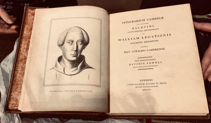 ... one of the best known translations of the Itinerary, and  #Gerald's Descriptio Cambriae, into English from the original Latin was undertaken by Sir Richard Colt Hoare. In his frontispiece, he imagined a portrait of  #Gerald based on the effigy on the tomb in  @StDavidsCath ...