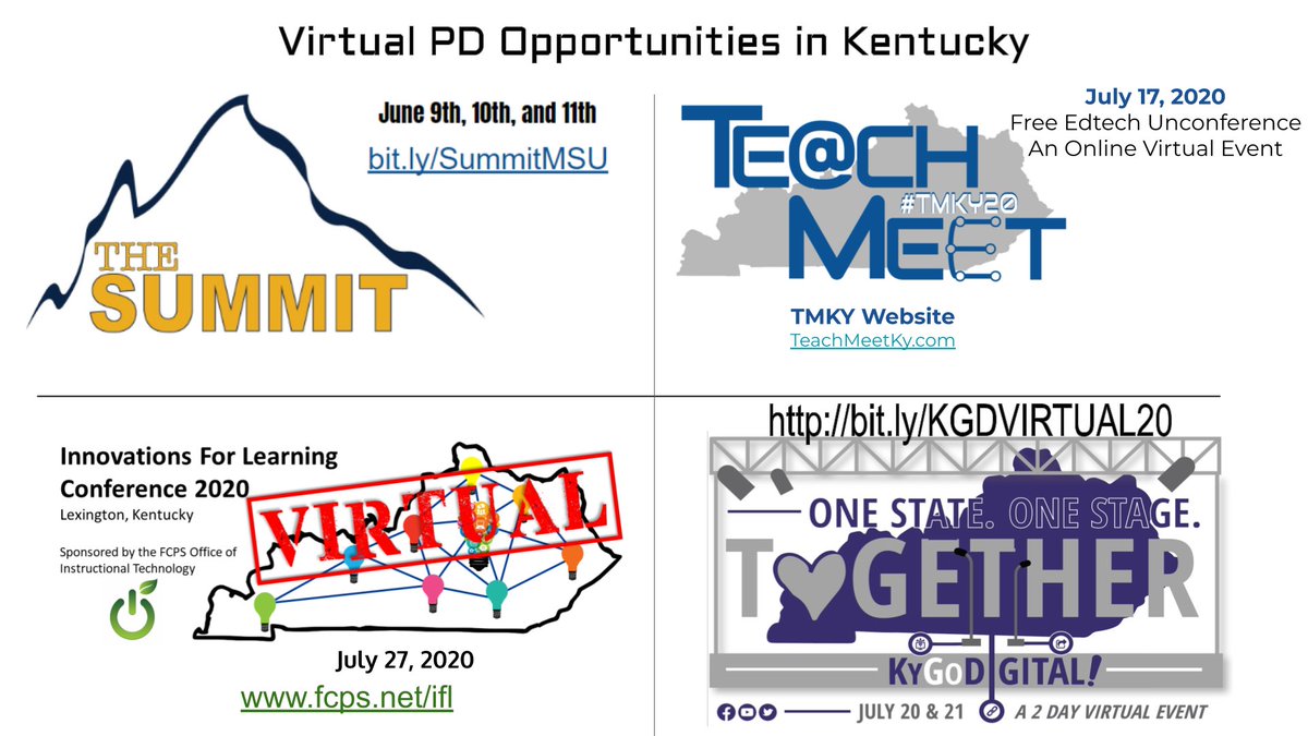 #TMKY20 is not alone in Kentucky. Educators have many opportunities to learn from their peers virtually this summer. #IFLLEX #MSUSummit2020 and #KyGoDigital.