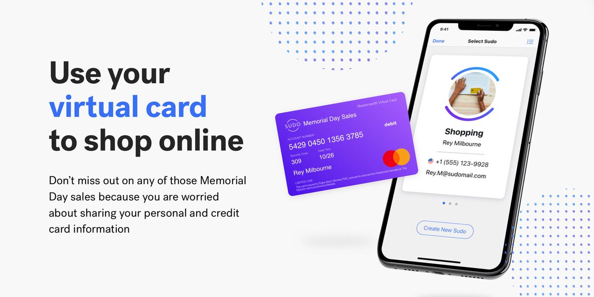 MySudoApp's tweet photo. Gearing up for the Memorial Day weekend deals? Create a Sudo for all 
your online shopping needs! 
Worried about entering your personal credit card information at checkout? 
Virtual cards can also help you shop more safely, securely, and privately online. https://t.co/oUzQuMy8QA