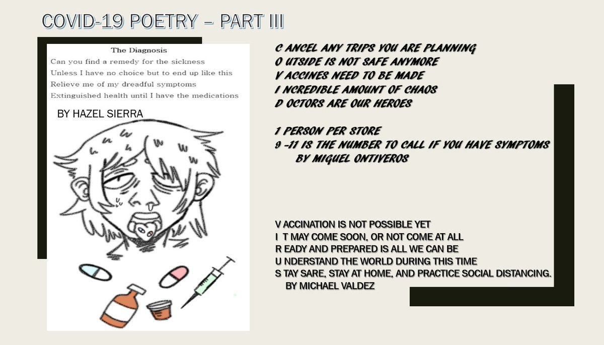 coachramon77's tweet photo. Final Round of Covid Poetry that I haven't been able to post until now. I appreciate our students sharing with the world. I appreciate you all! @EISDofSA @EdgewoodSTEAM #EdgewoodProud #VirtualLearning #EdgewoodUnited #BeHopeful #KeepYourHeadUp #ELARrocks https://t.co/gCzCLf013j