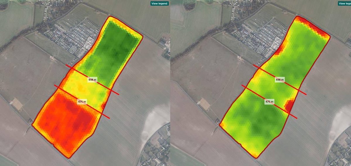 ThanetNFFZone's tweet photo. These images show biomass. The right hand image was taken in March and the left hand one in May. The green part is the highest level of biomass and is where we direct drilled wheat, the yellow with a Mazuri drill and the red using min-till. System with a Vaderstad https://t.co/p1OJNFE8n2