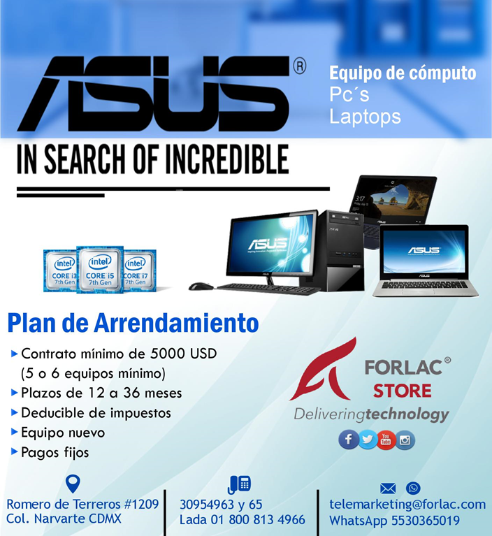 ForlacStore's tweet photo. Arrendamiento y Financiamiento de equipo de cómputo marca #Asus 😎🖥💻

En @ForlacStore  tenemos los mejores planes para que actualices tu oficina en tecnología sin descapitalizarte 💵💸
Información al 📱 5530365019

#Tecnologiaenforlac #ForlacStore #Tecnologia #Computo #Sigueme https://t.co/BqujePPw0m