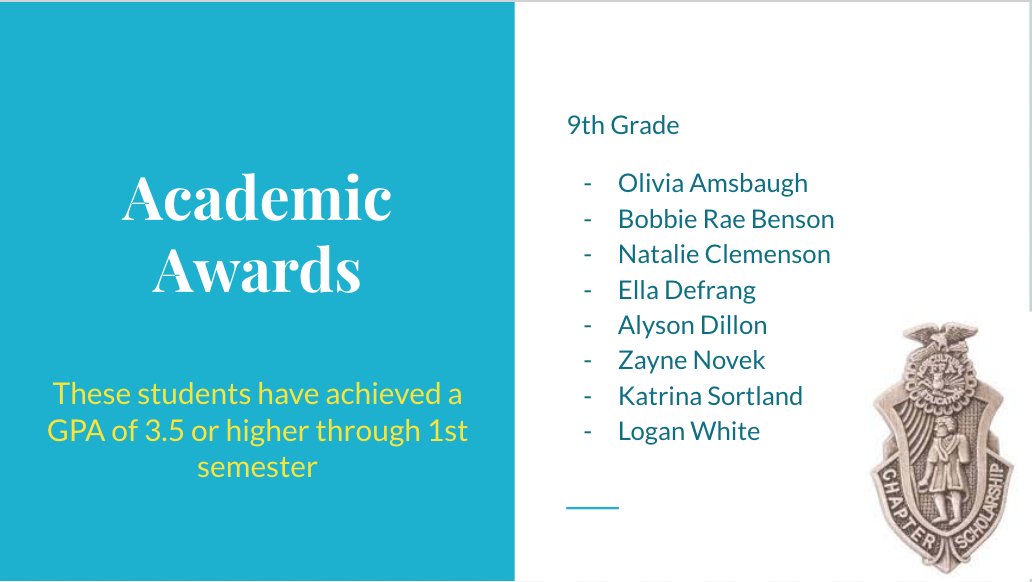 ZM_AgEd's tweet photo. For the last day of school, we recognize our academic award recipients! Recipients will receive a scholarship pin for their FFA jacket.

25 of our members achieved a GPA above 3.5 first semester this year. Congratulations! https://t.co/u01kXU9qkN