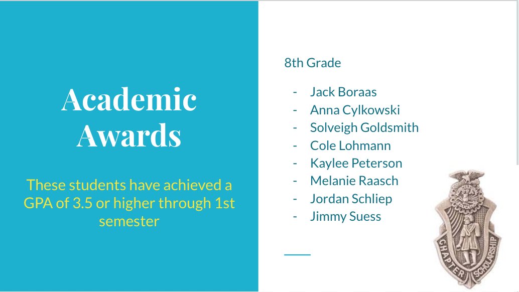 ZM_AgEd's tweet photo. For the last day of school, we recognize our academic award recipients! Recipients will receive a scholarship pin for their FFA jacket.

25 of our members achieved a GPA above 3.5 first semester this year. Congratulations! https://t.co/u01kXU9qkN
