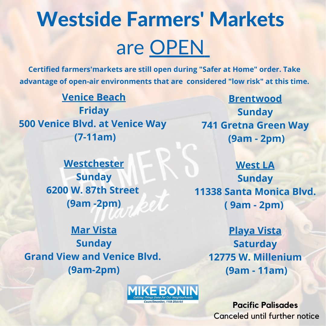 MikeBoninLA's tweet photo. As we head into the weekend, visit one of the Farmers' Markets on the Westside to pick up fresh produce and snacks for the week while supporting local business.  

Residents are required to wear a face-covering and practice physical distancing guidelines. https://t.co/Sg2vwR9xju