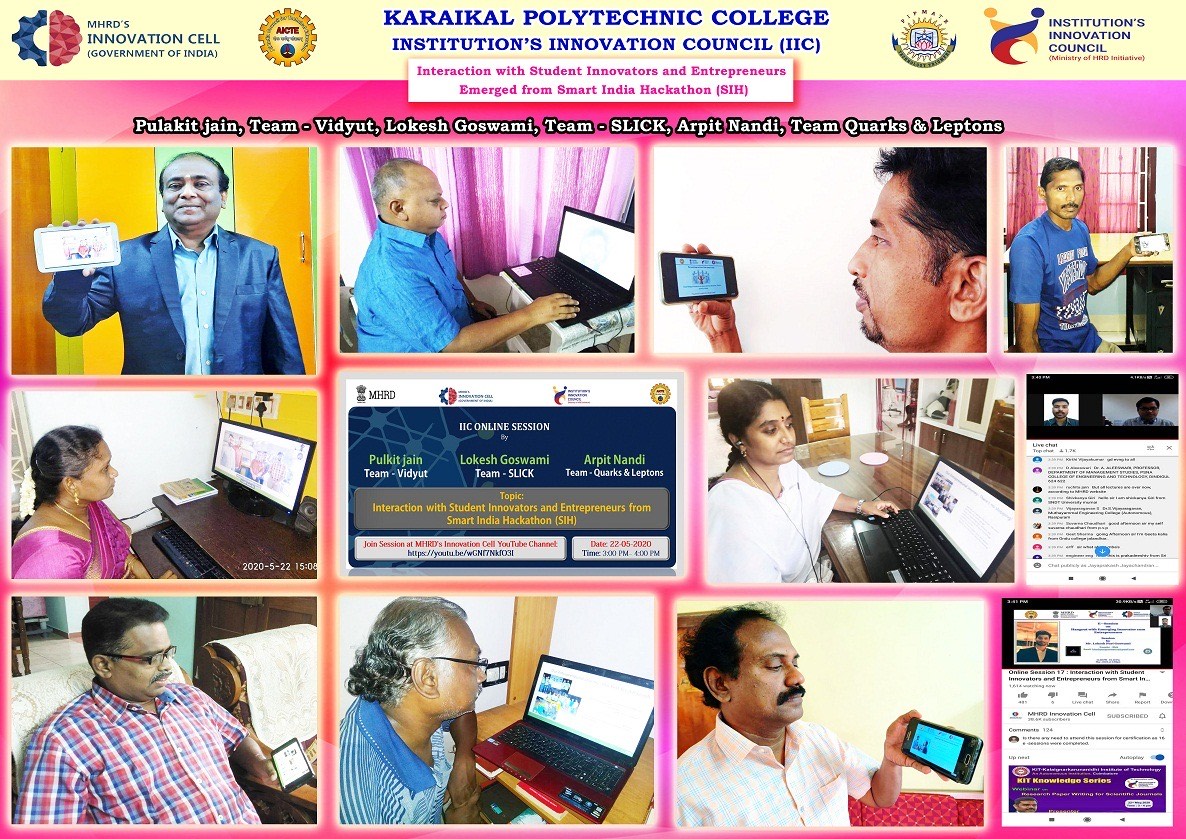 drsandanasamy's tweet photo. The @mhrd_innovation's  #iic_online_sessions on Interaction with Student Innovators &amp; Entrepreneurs Emerged from Smart India Hackathon by @polkijain, Lokesh Goswami, Arpit Nandi @QuarksLepton was wonderful. The @Karaikal_KPTC applause the team. @evidyut @AICTE_INDIA @HRDMinistry https://t.co/em3IodTIyH