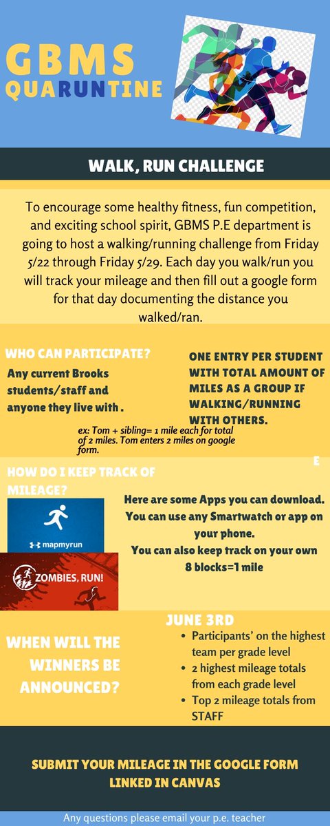 <a href="/brooksOP97/">Brooks Middle School</a> we hope you join us in a fun challenge! The P.E. department is hosting a #QuaRUNtine challenge for staff, students and families. Please email your students p.e. teacher with any questions #run #walk #Physed #FridayVibes <a href="/SHAPE_America/">SHAPE_America</a> <a href="/OakPark97/">Oak Park District 97</a> <a href="/brooks_pto/">Gwendolyn Brooks Middle School PTO Oak Park</a>