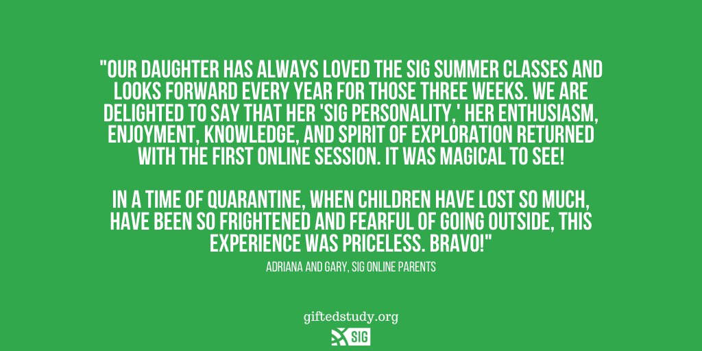 Adriana and Gary's daughter has been thriving in our Spring Online Learning Program! 👏

Want your gifted child to experience a meaningful academic enrichment program, too? Give one of our summer sessions a try! ➡️ bit.ly/2yomKVO

#gtchat #onlinelearning #gifteded