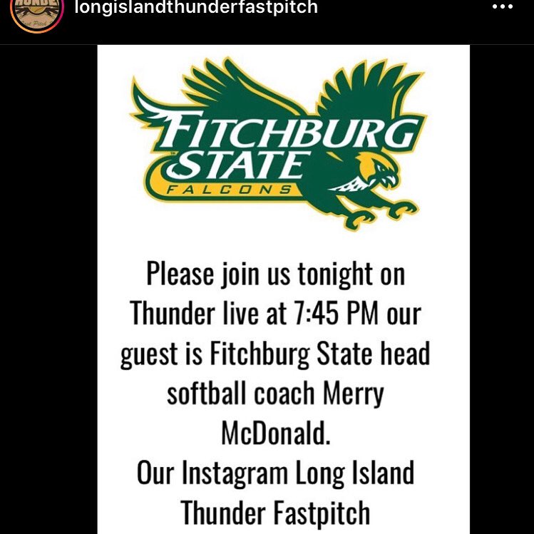 merrymac10's tweet photo. 🚨Tune In Tonight🚨 Excited to chat tonight with LI Thunder on Insta Live at 7:45pm!
#WhyFSU #CoachingLife
@FSUFalconSB @FSU_Falcons @Fitchburg_State https://t.co/V0Exlard0j