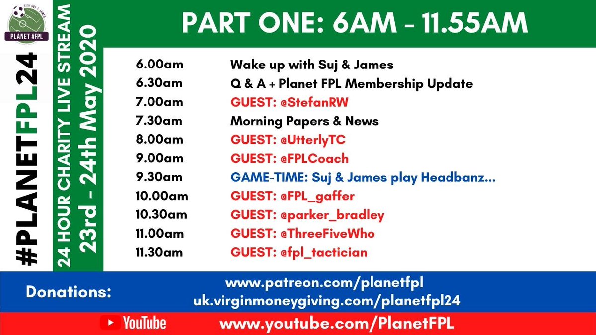 PlanetFPLPod's tweet image. #PlanetFPL24 Schedule 🌍🖥
*see images &amp;amp; thread for all the guest info

We also have open call in sessions at 130pm, 6pm &amp;amp; 5am where ANYONE can join us!

Together as a community we're trying to raise £5000 for @NHSCharities &amp;amp; you can donate here ⬇️
uk.virginmoneygiving.com/fundraiser-dis…