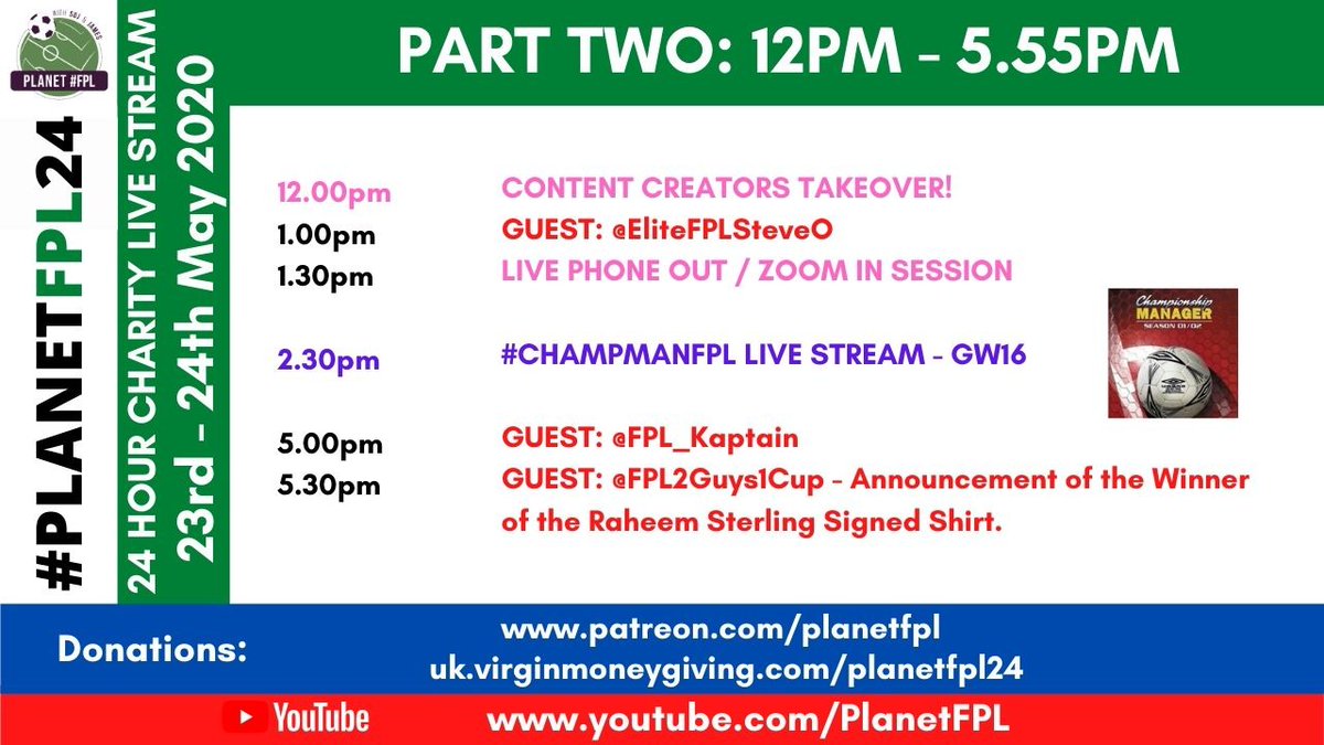 PlanetFPLPod's tweet image. #PlanetFPL24 Schedule 🌍🖥
*see images &amp;amp; thread for all the guest info

We also have open call in sessions at 130pm, 6pm &amp;amp; 5am where ANYONE can join us!

Together as a community we're trying to raise £5000 for @NHSCharities &amp;amp; you can donate here ⬇️
uk.virginmoneygiving.com/fundraiser-dis…