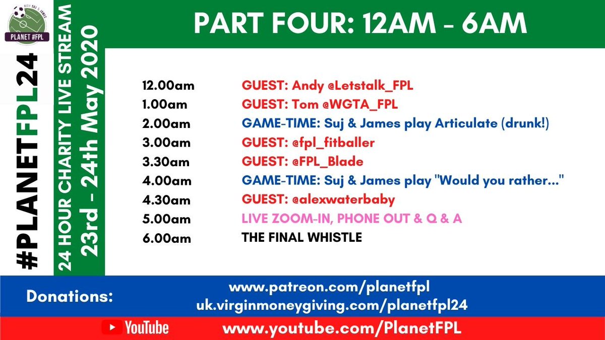 PlanetFPLPod's tweet image. #PlanetFPL24 Schedule 🌍🖥
*see images &amp;amp; thread for all the guest info

We also have open call in sessions at 130pm, 6pm &amp;amp; 5am where ANYONE can join us!

Together as a community we're trying to raise £5000 for @NHSCharities &amp;amp; you can donate here ⬇️
uk.virginmoneygiving.com/fundraiser-dis…