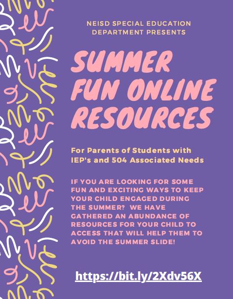 NEISDspecialed's tweet photo. Looking for some fun things to do at home this summer that will keep kids interested and help prevent "summer slide"?  Our team has curated fun activities for students with disabilities - and for kids without disabilities.  Check it out:  https://t.co/MZTi8N9V5F   #NEISDcares https://t.co/HA4skxHbWL