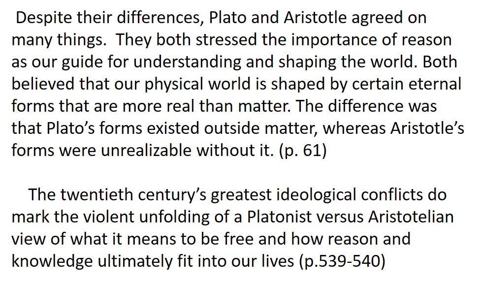 9/ These same parallels exist between Arnade's Front Row and Back Row, and the two styles of thought Arthur Herman traces through practically the entirety of human history, for which uses the styles of thinking (but not the specific arguments) of Plato and Aristotle as shorthand: