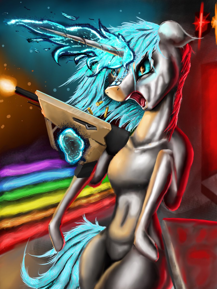 TechWing3's tweet photo. Got new piece today! #art #mlp #unicorn #pony #gun #magic #rainbow #blueeyes #digitalart https://t.co/nFSyKMlwo1