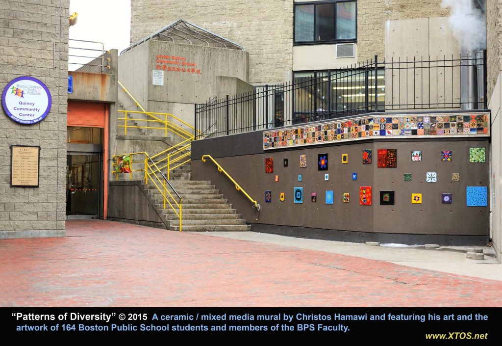 ChristosHamawi's tweet photo. Patterns of Diversity © 2015 

A #mosaic #mural I designed for The Josiah Quincy School &amp;  BCYF Community Center w/patterns created by over 150 BPS students. A reflection of the strength &amp; richness of Boston’s multicultural community.  #Boston #PublicArt #Diversity #Community https://t.co/OQSy3txpAl