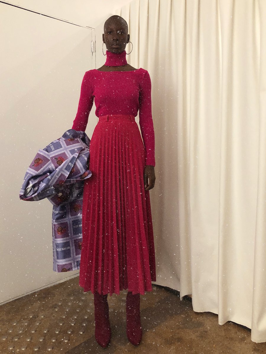 Kitchentable Parka, Cerise Collar-Bone Knitted Polo + Cerise Crepe Pleated Skirt from AW20'S Anthro 1 Collection #fittings #pfw