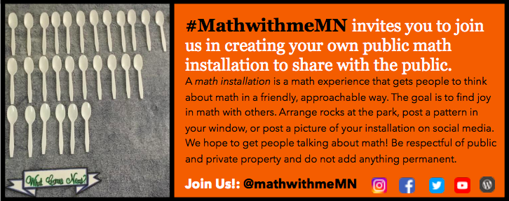 mathwithmeMN's tweet photo. #MathwithmeMN invites you to join us on June 3 for #MathwithmeDAY! Create a public math
installation to share with the public!
@MnDeptEd @EducationMN @NCTM @mctm_mn @GovTimWalz @mcricker @JoeGothard @Craig_SPPS @SPPS_News @SuptGraff @MPS_News @Public_Math #mtbos #iteachmath https://t.co/FP5REQDgBE