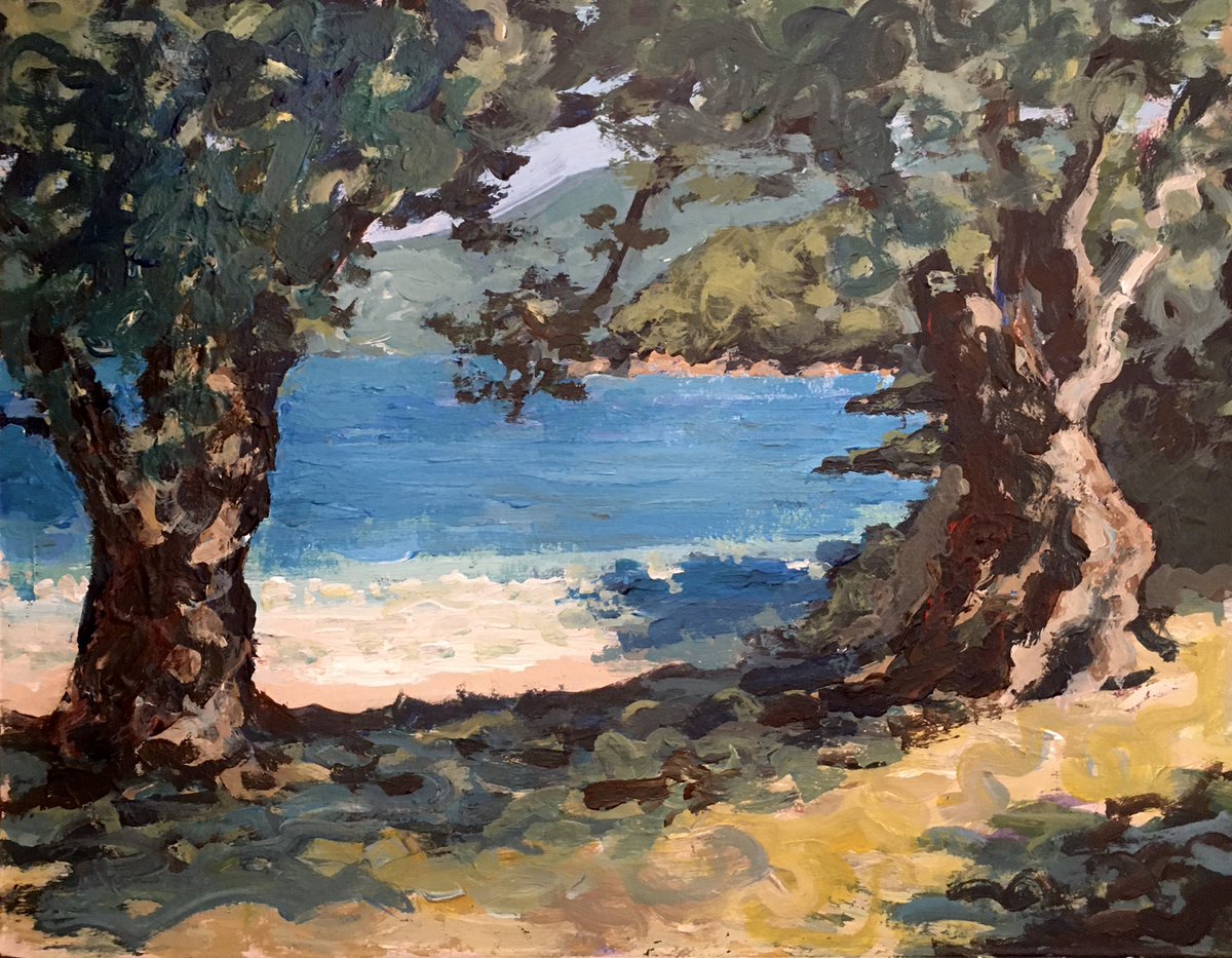 HenryPaintings's tweet photo. Foki Beach, where the olive trees go all the way down to the shingle. 

Acrylic Sketch on cardboard (the inside of a cereal box) started outside, continued at home. 

#foki #fokibeach #fiskardo  #fiskardo_kefalonia #fiskardobay #cephalonia #kefalonia #kefalonia_island https://t.co/w3IinDIyty