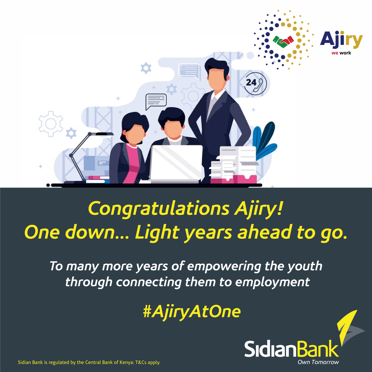SidianBank's tweet photo. Happy Anniversary @AjiryKE
We celebrate you today for the milestone achieved & many more years of empowering the youth through creating employment & also coming up with the Zero Contact Food Distribution that is saving lives during this period. #AjiryAtOne
@CentumPLC @brian_mwau https://t.co/XOPj0EWIef