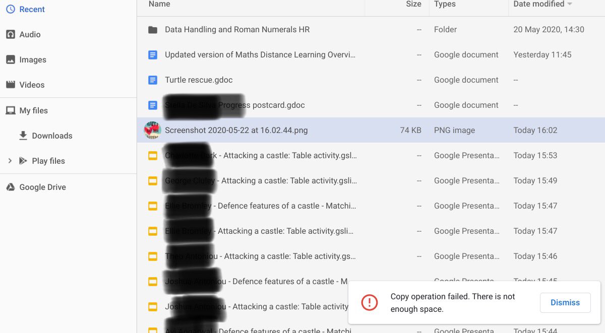 misskwells's tweet photo. Any #chromebook pros out there? I have a teacher on a 3 week old chromebook saying there is not enough space. She had only used 5.4gb of her drive. What is going on here? #plnhelp #givemeamac #googleETunite https://t.co/vMytczC0L6