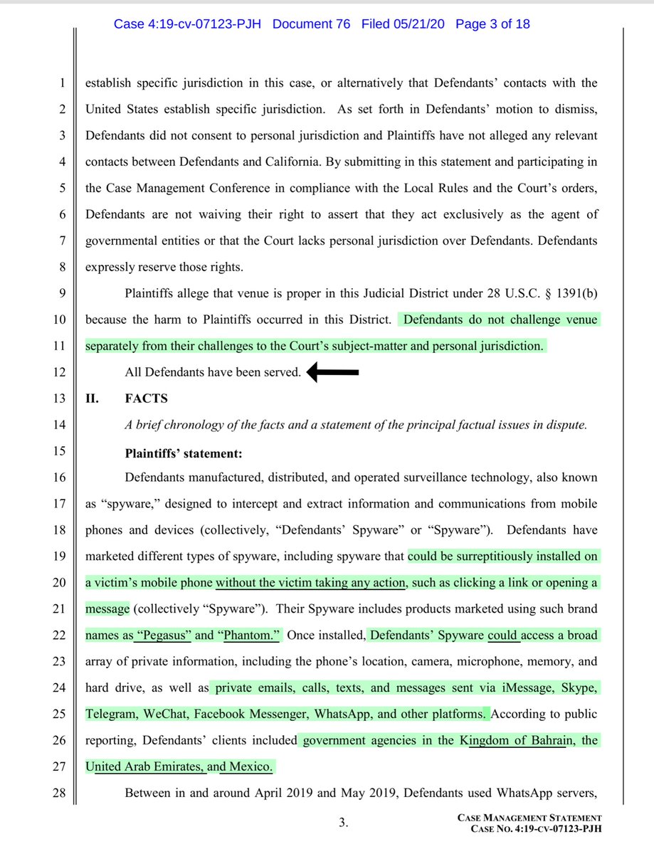 so  @Facebook &  @WhatsApp going THERE - gulp“around April 2019 and May 2019, Defendants used WhatsApp servers..to send their Spyware to approximately 1,400 mobile phones and devices belonging to attorneys, journalists, human rights activists, government officials, and others”