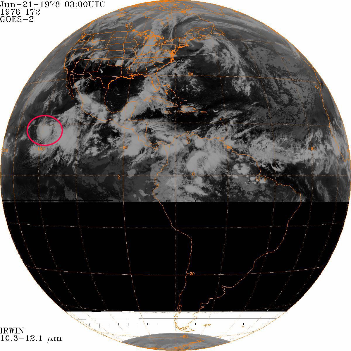 NOAASatellites's tweet photo. GOES-2 captured this imagery of Hurricane Carlotta (red circle) in 1978. https://t.co/matgMk0dcj