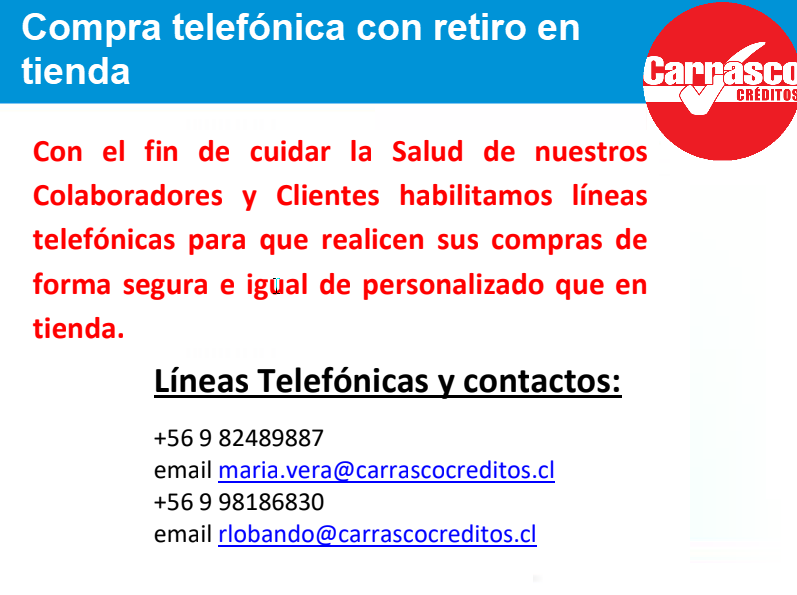 CCreditosCL's tweet photo. Compra telefónica con retiro en tienda!
Sí, porque nos preocupamos por ti y queremos darte el mejor servicio, te ofrecemos comprar de forma remota y poder retirar en nuestras tiendas. No dudes en contactarte con nosotros! https://t.co/rQvOPMDHvc