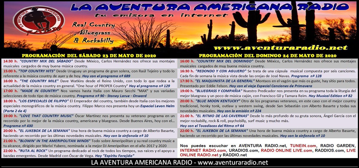 Volvemos a la carga en este fin de semana 23 y 24 de mayo de 2020 con todos nuestros espacios bien ordenados para ser emitidos en La Aventura Americana Radio, os esperamos...

aventuraradio.net/2020/05/progra…