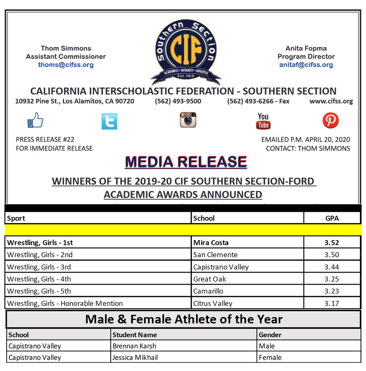Congrats to the young ladies in our program on their hard work in the classroom and to Sr. Jessica Mikhail on being regonized by CIF as Capo Valley's Scholar Athlete of the Year