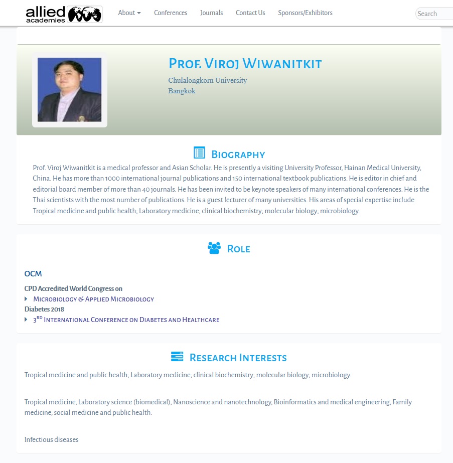 Prof. Wiwanitkit is an academic publishing 'big hitter':  @ResearchGate lists some 993 publications including 57  #COVID19-related items, mainly letters to editors. According to his  @AlliedMeetings profile he has the most publications of any Thai scientist (>1000).8/14