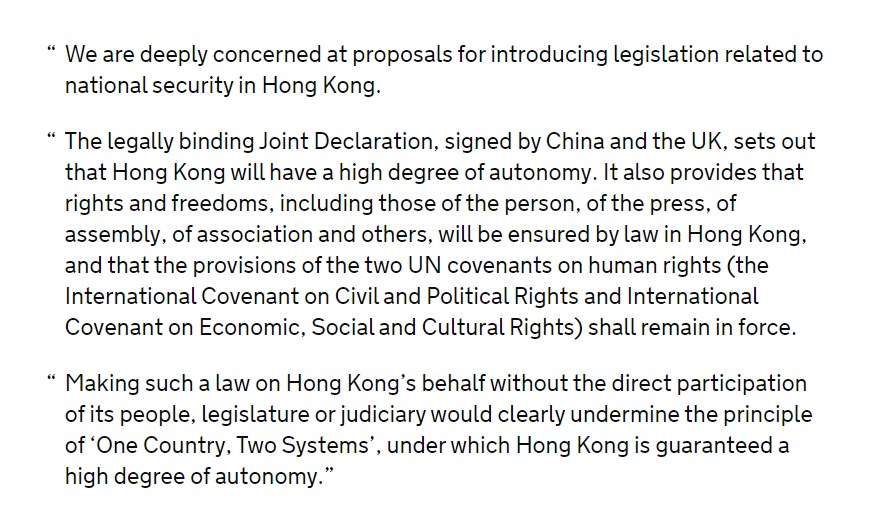 @joshuawongcf A joint statement by UK Foreign Secretary @DominicRaab, Australian Foreign Minister Marise Payne & Canadian Foreign Minister François-Philippe Champagne, responding to China’s new security law plans for #HongKong. Full story: hongkongfp.com/2020/05/22/bei…