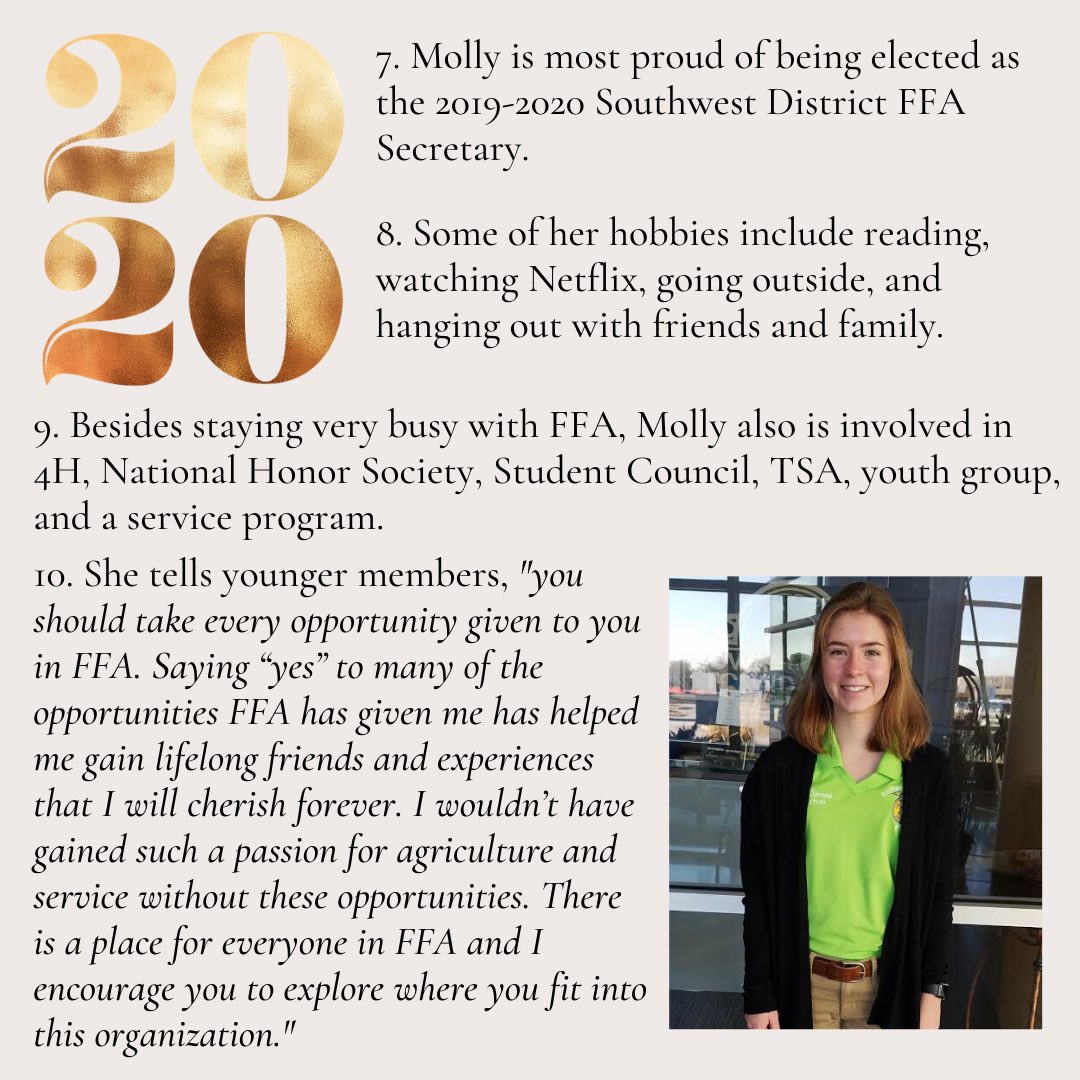 Molly Simmons, from the Panorama FFA Chapter is the next senior we would like to shine the spotlight on.  Thank you for all that you have done and best of luck this fall!