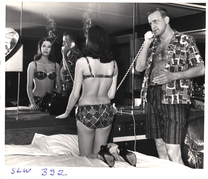 Weegee brought his tabloid sensibility to shots like this from the scene with George C. Scott as General "Buck" Turgidson & Tracy Reed as Miss Scott, & probably contributed to the final look in the film.